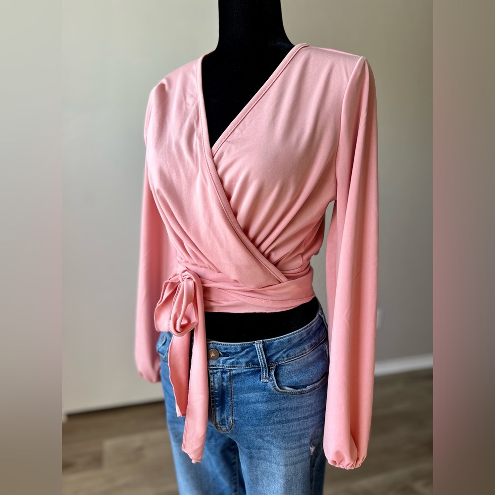 Women’s Pink Wrap Tie-Front Long Sleeve Top